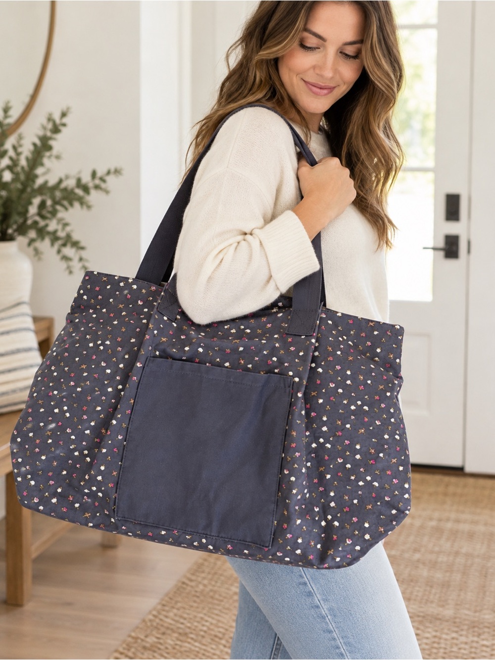 Universal Thread Gray Floral Canvas Tote Large Carryall Shoulder Bag Like New